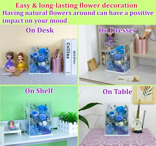 Valley of Rain & Forest Long-Lasting Real Flowers, Handcrafted Preserved Rose Bush For you to Send Love for All Occasions, Floral Arrangement for Indoor Decoration (Blue Rose) - color: Blue Rose