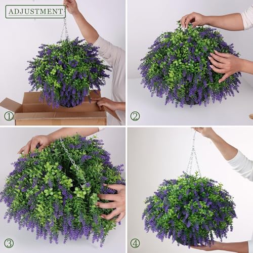 Juxdp Artificial Lavender and Boxwood Hanging Basket - 2 Set for Outdoor Decorations,Fake Flower Hanging Basket UV-Resistant for Porch, Home Garden, Farmhouse, Eaves, Yard Decor