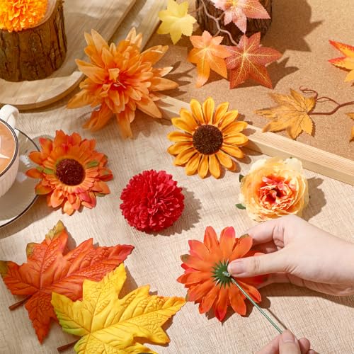 Giegxin 87 Pcs Artificial Thanksgiving Flowers Bouquets Fall Chrysanthemums Ball Flowers Maple Leaf Sunflower Head Accessories for Thanksgiving DIY Wreath Floral Arrangements Table Centerpiece Decor - style: Chrysanthemum