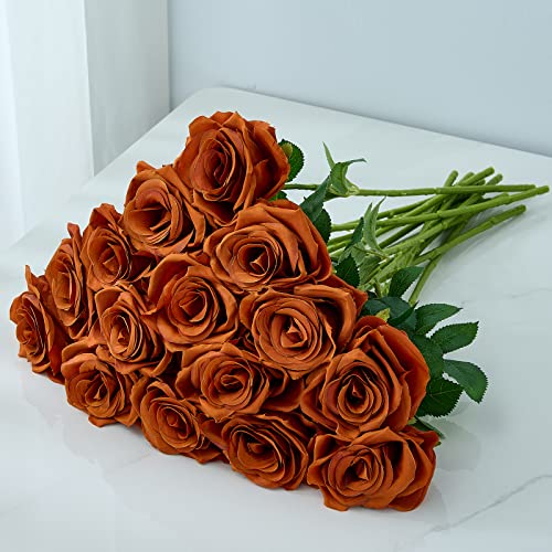 15pcs Burnt Orange Fake Roses Artificial Silk Flowers Faux Rose Flower Long Stems Bouquet for Arrangement Wedding Centerpiece Party Home Kitchen Decor(VASE NOT Included) - color: 15pcs Burnt Orange