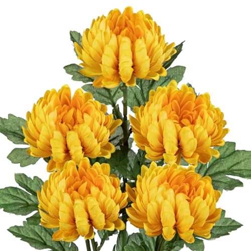 Hollyone 5Pcs Fake Mums Flowers Yellow Artificial Chrysanthemum Flowers Silk 22.8inch Long Stem Floral Arrangements Bouquets Faux Spider Mum Flower Pincushion Flower Bush Spring Home Decor - color: Yellow