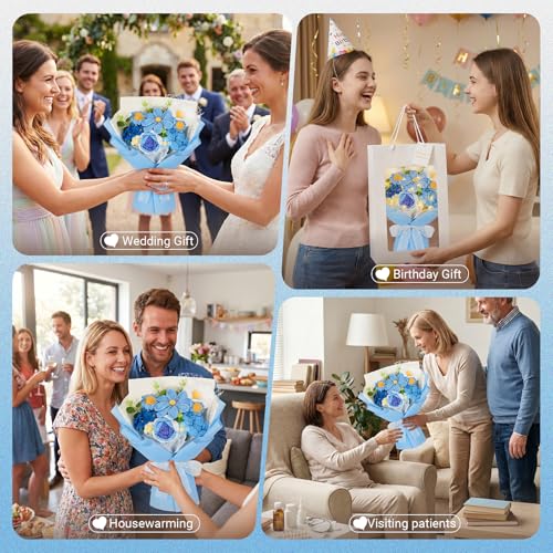 Crochet Flower Bouquet, Blue Handmade Knitted Flowers with Lights & Vase, Crochet Galsang Rose Daisy Flower for Mothers Day Graduation Wedding Lover Teacher Anniversary Birthday Gift (with Card & Bag) - color: Blue