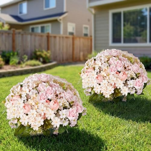Yunlly 2 Set Artificial Boxwood Topiary Ball Trees with Rose Flowers 19.7'' UV Resistant Faux Greenery Shrubs Bushes with Ground Spike for Wedding Indoor Outdoor Front Porch Decor(Light Pink) - color: Light Pink