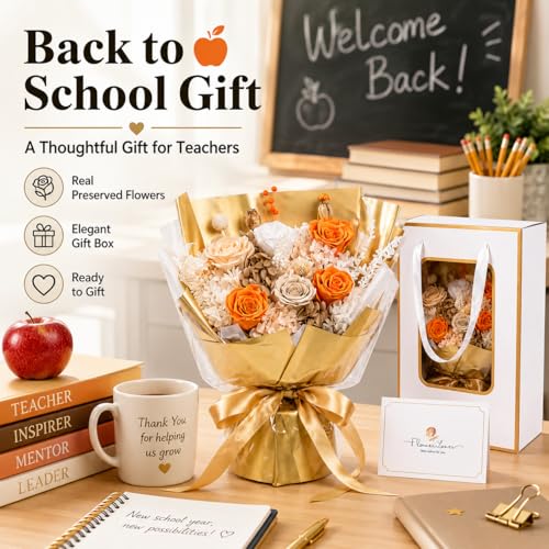 Preserved Real Flowers Bouquet, Preserved Eternal Roses Ready to Gift for Mother’s Day Birthday Gift for Mom Grandma Nana Wife Graduation Flowers for Her Class of 2026 (Sunset Champagne) - color: Sunset Champagne