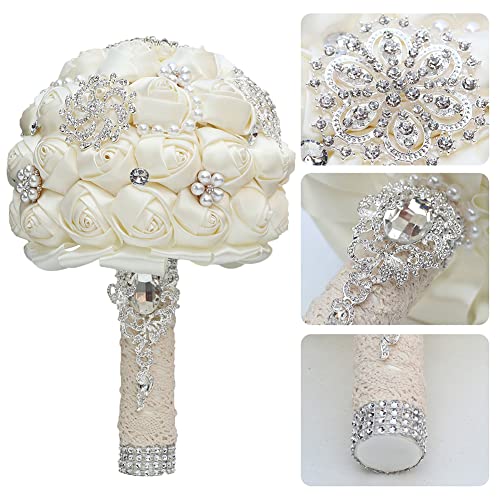 Sharebeauty 7.9 Inch Handmade Satin Rose Bridal Bouquet Toss Round Wedding Bouquet Throw Toss Artificial Flower Bunch Ivory - color: W3217d01 Ivory