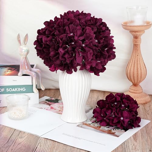 Burgundy Hydrangea Artificial Flowers Bulk with Stems 64 Pcs | Faux Silk Hydrangeas Flower Heads with Stems for Wedding Arch Table Centerpieces Home Garden Baby Shower Party Decoration - color: Burgundy