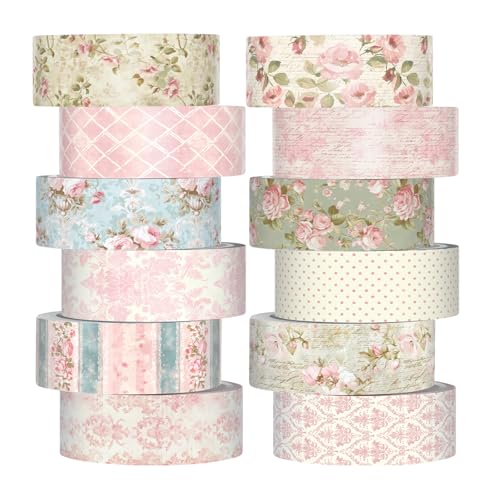 12 Rolls Watercolor Floral Washi Tape Set 15 mm Vintage Flower Decorative Masking Tape for Summer School Arts DIY Craft Scrapbook Journal Supplies Gifts(Vintage Pink,Rose) - color: Vintage Pink, style: Rose