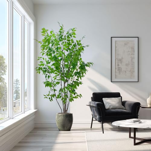 7ft Artificial Ficus Tree with White Plastic Planter | Collapsible trunk structure enables quick assembly and compact space-saving storage - color: Green, size: 7ft