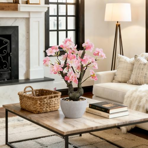 KAIRNE Artificial Pink Cherry Blossom Potted,15.7'' Tall Fake Bonsai Tree,Floral Faux Plant,Realistic Decorative Plants Potted,Flowers Table Decoration Gifts for Holiday Home Office Desk Spring Decor - color: Pink Cherry Blossom