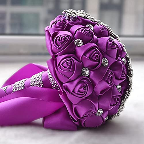 XINNI Handmade Bridal Wedding Bouquet Bride Bridesmaid Satin Rose Flower Bouquet with Meteor Shower Shape Rhinestone Wedding Decoration Purple - color: Purple