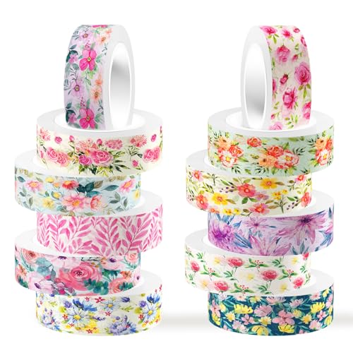 12 Rolls Flower Washi Tape Set, Spring Watercolor Floral Decorative Masking Tape for Monther's Day DIY Crafts Spring Garden Scrapbooks Journals Planners Supplies Gift Wrapping 16.4Ft - color: G