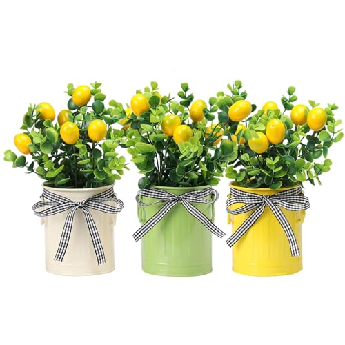 3 Pack Spring Lemon Decor for Kitchen, Artificial Lemons Branches with Colorful Metal Pots, Spring Summer Farmhouse Greenery Decoration for Home Kitchen Living Room - color: Lemons Branches + Pots