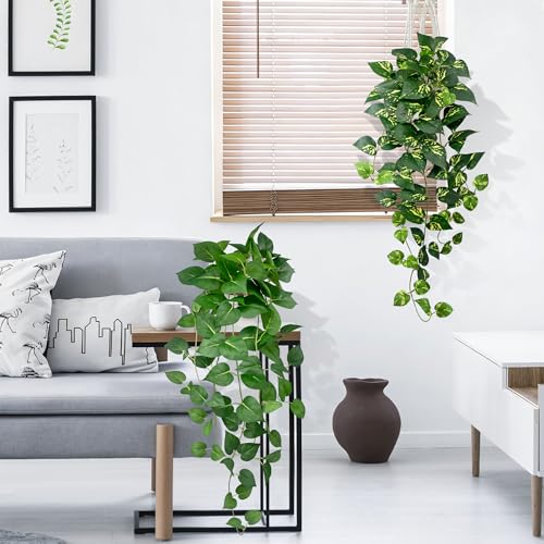 Artificial Hanging Plants 31.5‘’ with White Pots –2 Pack Fake Pothos Potted Plants Faux Ivy Vines, Realistic Greenery Hanging Fakeplants Indoor for Home Decor, Bedroom, Bathroom, Office, Living Room - size: 31.5''