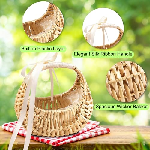 3 Pack Wicker Flower Girl Baskets,Wicker Wedding Basket with Handle Silk Ribbon,Small Half Moon Wicker Flower Basket 6.5" x6.7" x4.3"for Wedding Party Picnic Home Decor - size: Half Moon Basket