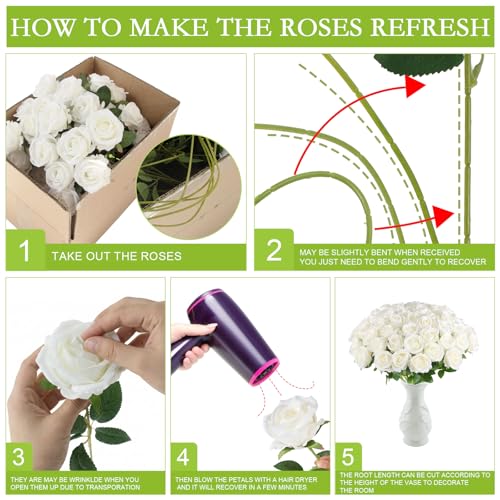 Hananona 50 Pcs Artificial Roses in Bulk, Fake Velvet Silk Roses Realistic Rose for Wedding Centerpieces Flower Arrangement Home Decor (50, White) - color: White
