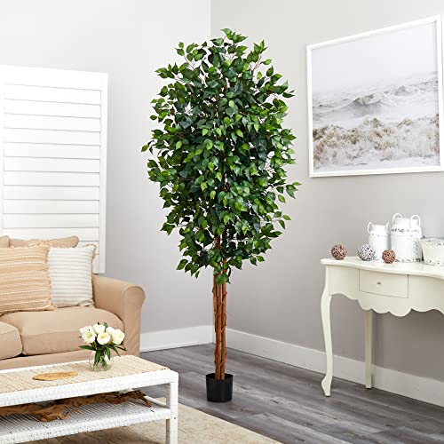 Nearly Natural 7ft Triple Trunk Artificial Ficus Tree with Natural Wood Trunks, Fake Tree For Indoor Home Decor, Faux Ficus Tree with Black Nursery Pot - size: 7ft, style: Tree in Pot