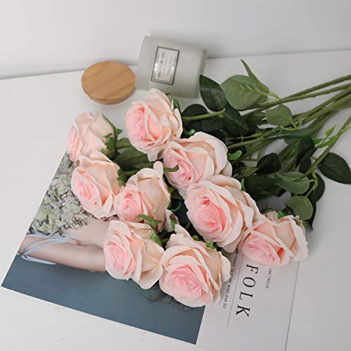 Nubry Artificial Silk Rose Flower Bouquet Lifelike Fake Rose for Wedding Home Party Decoration Event Gift 10pcs (Light Pink) - color: Light Pink