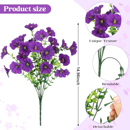 Roberly 12 Bundles Artificial Flowers for Outdoors, Fake Flowers Silk Morning Glory with Eucalyptus UV Resistant Faux Plants for Spring Summer Garden Outside Porch Patio Yard Home Decor, Purple - color: Purple