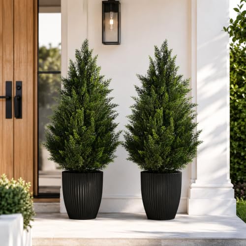Artificial Topiary Cedar Trees 3FT Tall 2 Set, Outdoor Indoor Faux Pine Shrubs Plants, Realistic Fake Plants Front Porch Decor, Artificial Bushes Cypress for Home Front Door Offices - color: 2*pine Tree 3ft