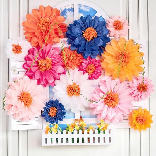 OBBOLO Wildflower Paper Flowers, 14 Pcs Paper Flowers Decorations for Wall, 8 in, 14 Inch Tissue Paper Flower for Wedding Party Baby Bridal Shower Nursery Wall Decor Bulletin Board Classroom - color: Pink Orange Blue