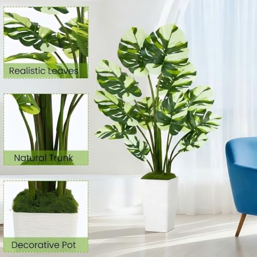 UPBUD Artificial Monstera Deliciosa Plant, 5FT Fake Tree with Real Touch Leaves & White Square Planter, 60in Tall Faux Plants Floor Trees for Indoor Outdoor Home Living Room Office Decor - color: White Leaves White Planter