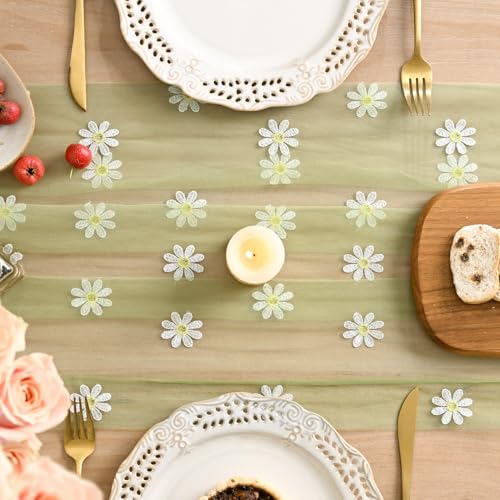 Artoid Mode Fern Green Daisy Gauze Embroidery Table Runner 120 Inch 10FT, Tulle Seasonal Spring Kitchen Dining Holiday Table Decor for Home Party - color: Fern Green