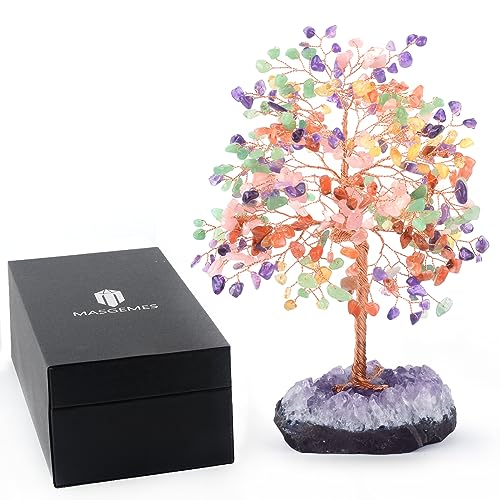 Chakra Tree of Life Natural Gemstone Crystal Tree,Healing Stones(406 Stone Count) with Amethyst Cluster,Fengshui Decor Bonsai Money Tree,Positive Energy Good Luck Gift Size 8.5"-9" - color: Multi Stone With Amethyst Cluster Base