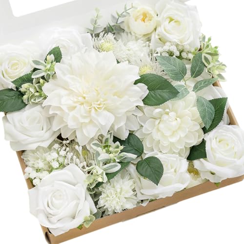 Ling's moment Fake Flowers Box, Faux Artificial Greenery Stems Foam Roses Silk Dahlia Rose Leaves Fabic Flower for Centerpieces Bouquet Wedding Vase Floral Decorations, White & Sage, Grand Combo - color: Wht-white & Sage, size: Grand