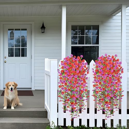 Fake Artificial Hanging Flowers for Outdoors Decoration, 2 PCS Faux UV Resistant Artificial Outdoor Flowers, Fake Plants Look Real Daisy No Fade Spring Decor for Porch Home Patio Balcony and Yard - color: Hanging Flower (Red Purple)