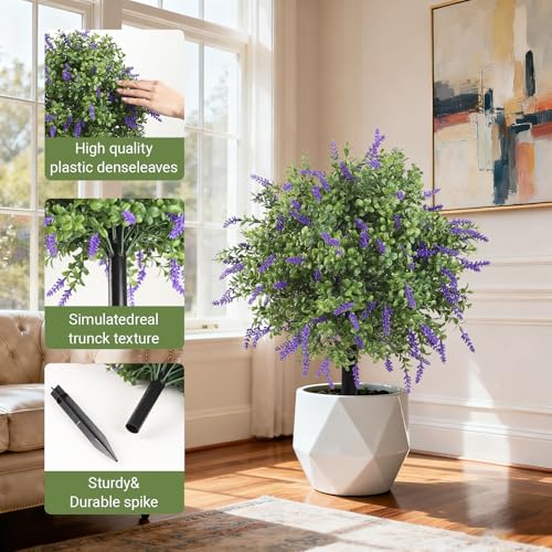 Artificial Topiary Bushes with Ground Spike Set of 2, Faux Boxwood Ball Trees for Outdoor, Fake Shrubs Bushes Decorations for Indoor Front Porch Garden - UV Resistant Faux Plants - Purple Lavender - color: Purple Lavender