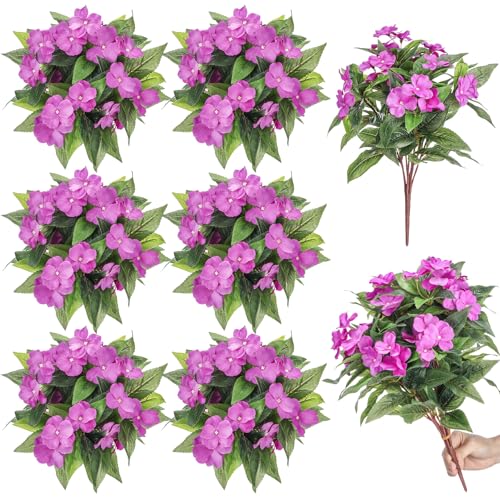 Wavwavw 6 Pcs Artificial Impatiens Bouquet Flowers for Outdoors 15 Inch Silk Flowers Greenery Artificial Impatiens for Outdoor Patio Lawn Garden Balcony Pot Hanging Basket Porch Decoration(Purple) - color: Purple