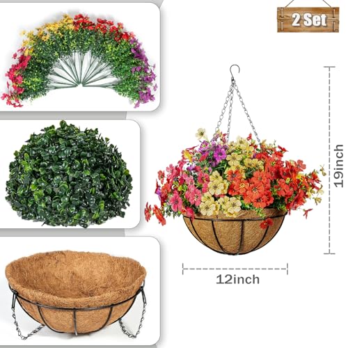 2 Set Artificial Flowers for Outdoors with Hanging Basket 24 Pcs Fake Silk Flowers Hanging Planters for Outdoor Plants Faux Hanging Plants for Outdoor Patio Decor Garden Decor (Y,R,P,R)