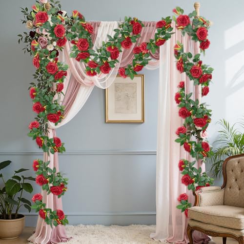 U'Artlines 3 Pack Artificial Red Rose Vines Floral Garlands Total 19.5 Ft Fake Vine Silk Flower Garland for Indoor Outdoor Home Wedding Arch Garden Wall Decoration - color: Red, size: Set of 3