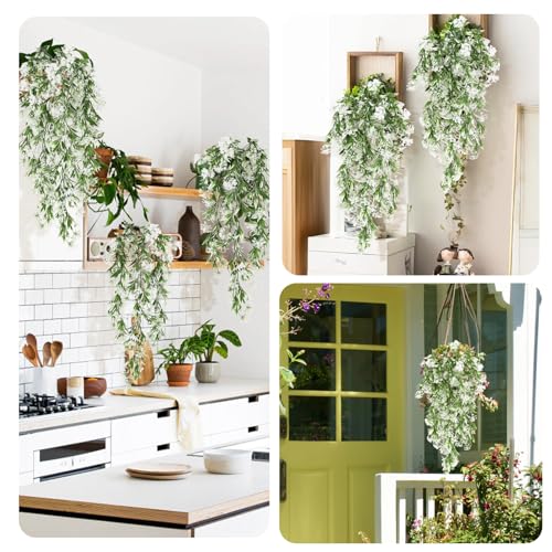 RECUTMS Artificial Hanging Plants 4 Pcs Ferns Plants Large Faux Artificial Hanging Plants Wall Plants Fake Ivy Room Decor Home Garden Wedding Party Indoor Outdoor Decorations(White) - color: Style1-white