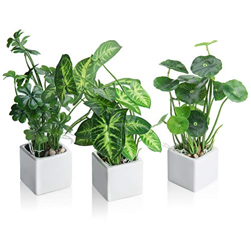 MyGift Set of 3 Artificial Plants, Faux Potted Plants Indoor, Small Fake House Plant in White Square Ceramic Pots for Shelf Decor - color: White
