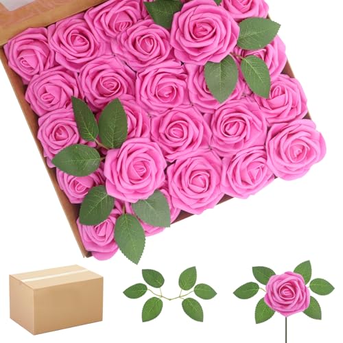 200PCS Hot Pink Realistic Roses - Artificial Latex Foam Flowers with Bendable Stems & 100PCS Leaves for Wedding, Home and Party DIY Decor - color: Hot Pink, size: 200