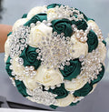 Sharebeauty 7.9 Inch Handmade Satin Rose Bridal Bouquet Toss Round Wedding Bouquet Throw Toss Artificial Flower Bunch Deep Green + Ivory - color: W3217d25 Deep Green/Ivory
