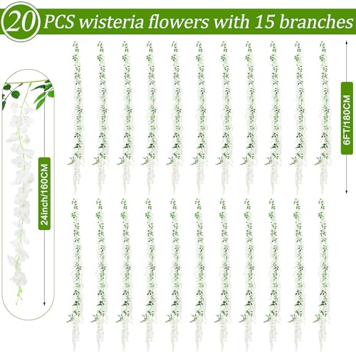 300 Branches Wisteria Hanging Flowers,20Pcs Total 120ft White Wisteria Artificial Flowers Garland Vine Silk Hanging Flowers for Wedding Party Arch Ceremony Garden Home Backdrop Decor - color: White, size: 20