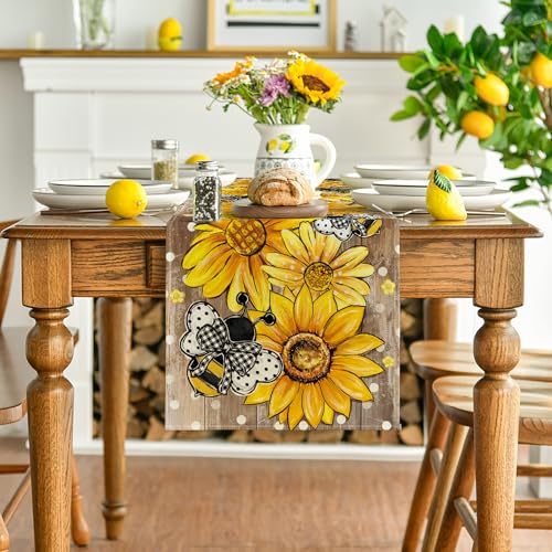 Artoid Mode Wood Sunflower Bee Flower Polka Dot Summer Table Runner, Seasonal Kitchen Dining Table Decoration for Home Party Decor 13x90 Inch - color: Wood, size: 13" x 90", Table Runner