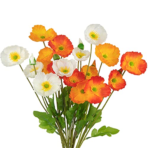 FERIAL 6 Pcs Artificial Poppies Flowers Silk Poppy Flowers Faux Poppy Plants Fake Flowers Bulk for Home Decorations Table Centerpieces Floral Arrangement Wedding Bouquet Mixed Colors - color: White&orange