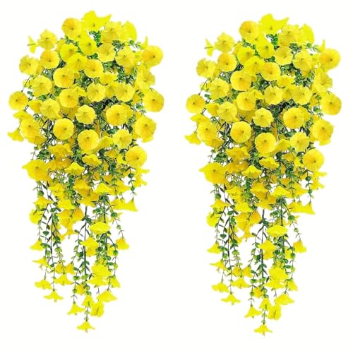 2 Sets of Hanging Flowers, Mixed Textile Morning Glory and Eucalyptus Leaves, UV-Resistant, Real Artificial Plants - color: Yellow