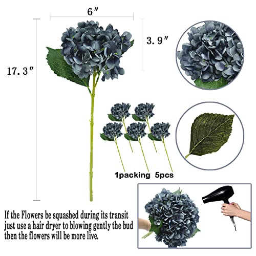 6Pcs Artificial Fake Flowers Plants Silk Hydrangea 1 Flower Head Arrangements Wedding Bouquets Decorations Plastic Floral Table Centerpieces Home Kitchen Garden (Dark Grey) - color: Dark Grey