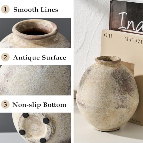 PORCER Ceramic Flower Vase, 6.22 Inch Rustic Farmhouse Vase Home Decor, Handcrafted Vintage Pottery Vase, Small Terracotta Vases for Living Room, Table, Shelf, Fireplace-Natural Brown - color: Natural Brown- 6.22"