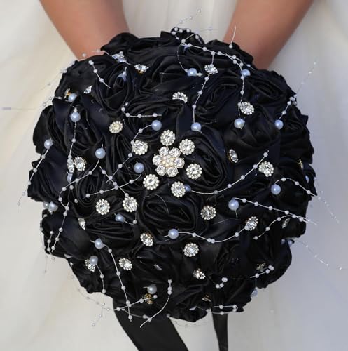 Ujicde Romantic Wedding Bouquet Bridal Bridesmaid Round Bling Brooch Bouquet Throw Toss Artificial Rose Flower Bunch with Sparkle Rhinestone Crystal Decoration(Black,Dia. 6.3"*16cm) - color: Black, size: Dia. 6.3"*16cm