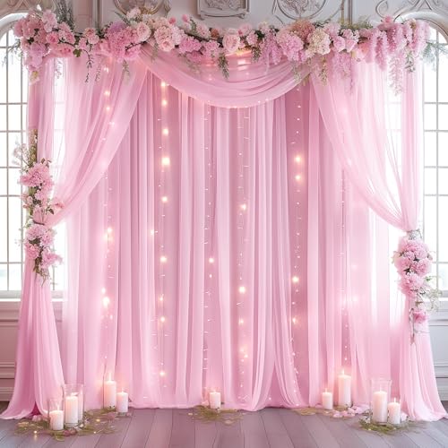10ft x 10ft Pink Backdrop Curtain with Lights String for Parties, Sheer Tulle Wedding Photo Backdrops Drapes for Baby Shower Birthday Party Decorations Background for Photography - color: Pink, size: W5' x H10'(2 panels)