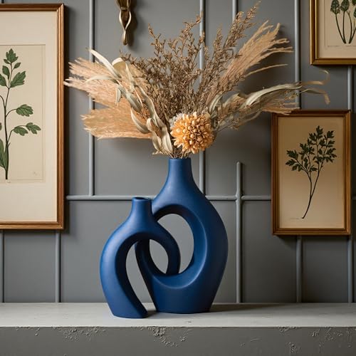 Levvohd Snuggle Hollow Ceramic Vase Set of 2, 11 inch Modern Nordic Coastal Shaped Pampas Grass Aesthetic Decorative Table Vases for Living Room Shelf Home Decor (Matte Navy Blue -L) - color: Matte Navy Blue - Xl