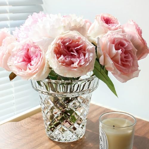 Thickened Glass Vase Embossed Big Base Large 6.1in Wide Mouth Rhombus Clear Vases Esmiome Bowl Bouquet Ribbed with a Hydroponic Baskets Vintage for Aquaponics Orchids Avocado Phalaenopsis Hyacinth