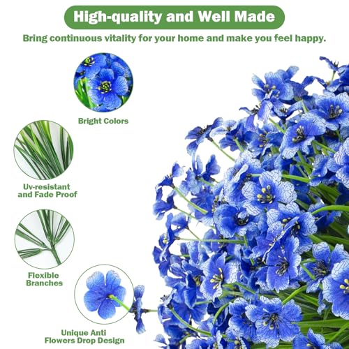 Nepfaivy Artificial Flowers Outdoor Blue - 24 Bundles Fake Flowers for Outside UV Resistant with Realistic Plastic Plants, Real Looking Faux Silk Flowers for Planters, Front Porch, Garden Decoration - color: Blue