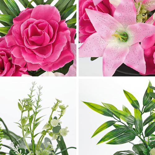 Hollyone Artificial Cemetery Flower for Graves, Pink Faux Lily Rose Flowers in Pot Silk Cemetery Memorial Flowers for Outdoors Gravesites Headstones Home Decoration - color: Deep Pink-rose Lily