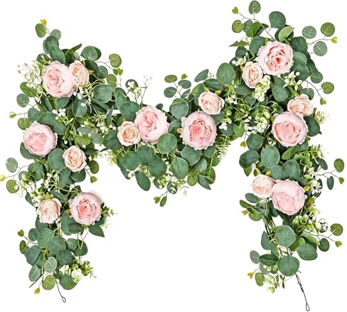 MISSPIN 2pcs Artificial Flowers Garland Spring Eucalyptus Garland Vintage Fake Flower Peony Rose Vine Greenery Decorative Wall Hanging Plant for Wedding Arch Door Arrangement Party Decor (Pink,2) - color: Pink,2